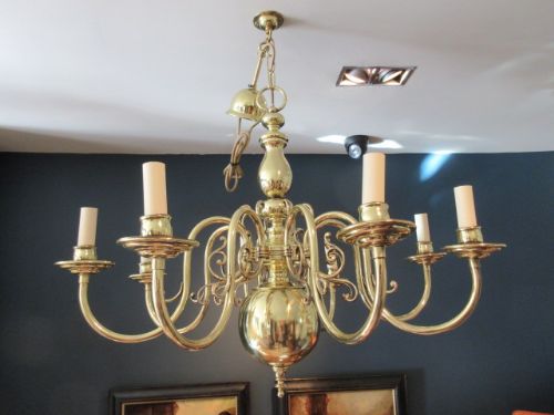 Edwardian Period Solid Brass Eight Arm Chandelier