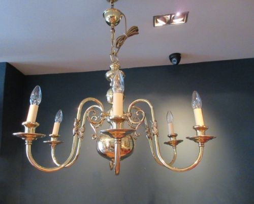 Edwardian Period Polished Brass Chandelier