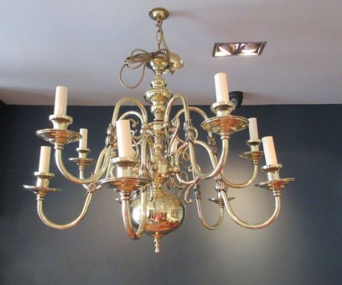 Edwardian Period Polished Brass Two Tier Chandelier