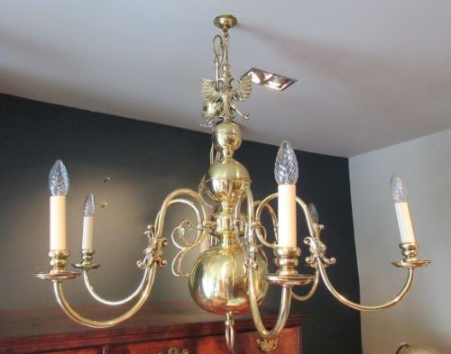 Edwardian Period Polished Brass Six Arm Chandelier