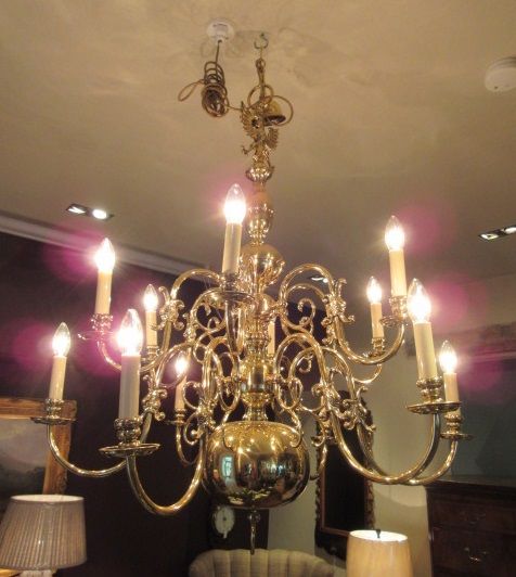 Large Edwardian Solid Brass Two Tier Chandelier