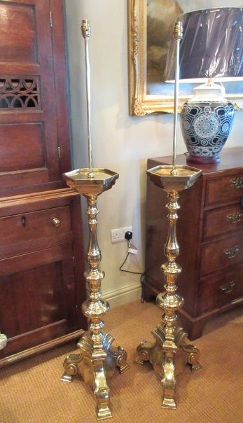 Pair of Victorian Cast Brass Church Candlestick Lamps