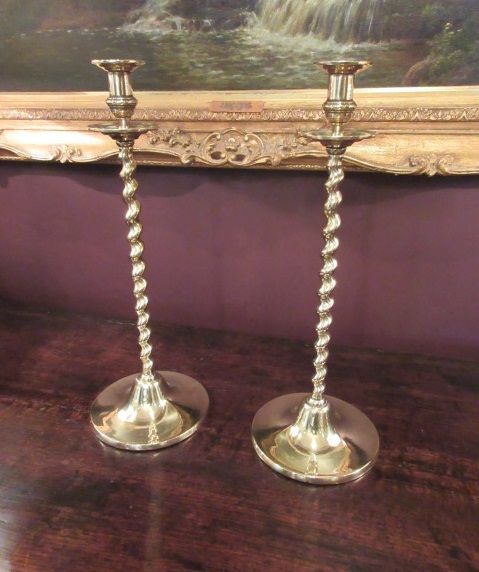 Tall Pair of Mid Victorian Brass Church Candlesticks