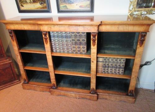 Mid Victorian Figured Walnut Breakfront Bookcase