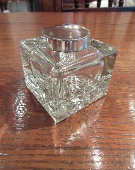 George V Period Silver & Crystal Cut Glass Inkwell