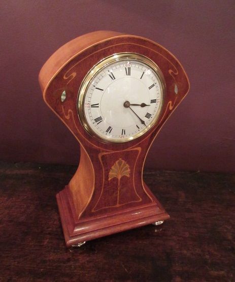 Art Nouveau Period Fruitwood Inlaid Mantel Clock