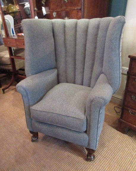 Mid Victorian Barrel Backed Upholstered Wing Armchair