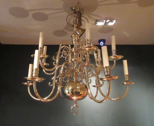 Large Edwardian Polished Brass Two Tier Chandelier