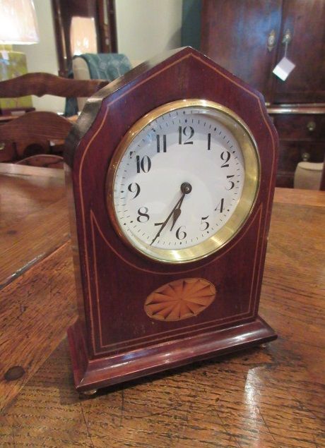 Slim Edwardian Period Sheraton Inlaid Mantel Clock