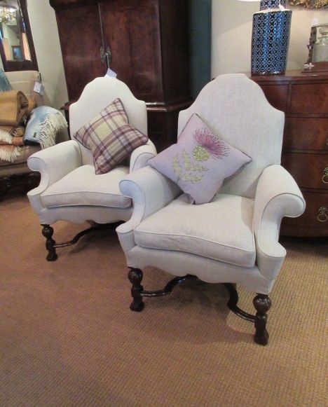 Fine Pair of Queen Anne Style Upholstered Armchairs