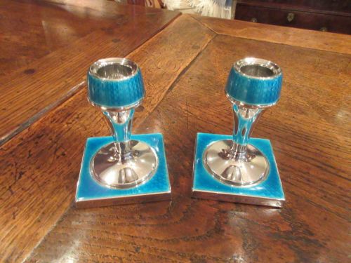 Pair George V Period Silver Enamel Candlesticks