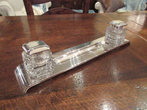 Superb George VI Period Solid Silver Desk Inkstand