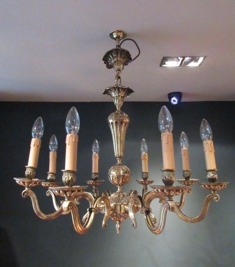 Edwardian Period Cast Brass Eight Arm Chandelier