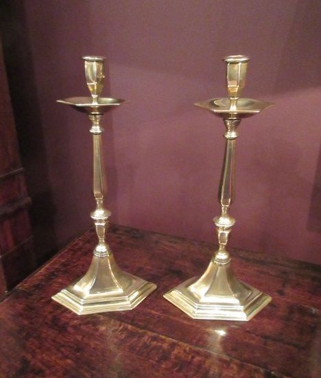 Pair of Mid Victorian Brass Hexagonal Candlesticks