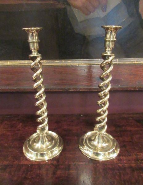 Pair of Mid Victorian Cast Brass Barley Twist Candlesticks