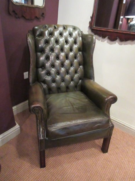 1920'S Olive Green Leather Buttoned Wing Armchair