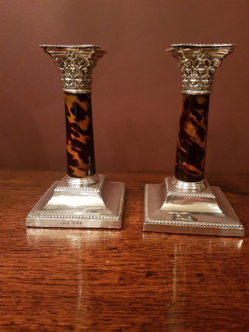 Pair of Silver & Tortoise Shell Column Corinthian Mount Candlesticks