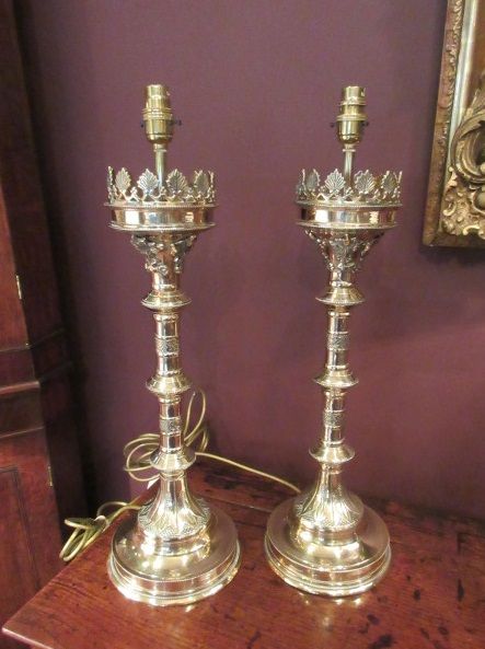Pair of Victorian Antique Church Candlestick Lamps
