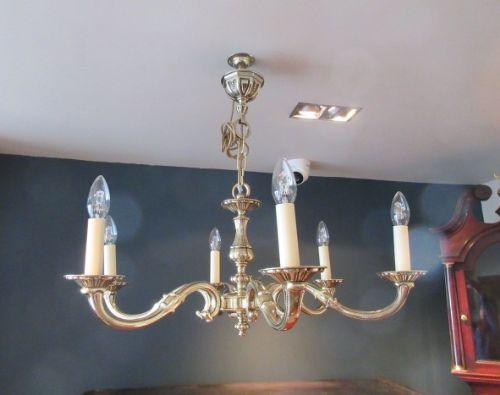 Edwardian Period Cast Brass Six Arm Chandelier