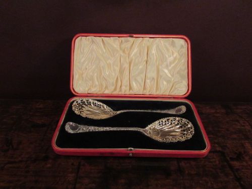 Boxed Pair of Victorian Antique Silver Berry Spoons