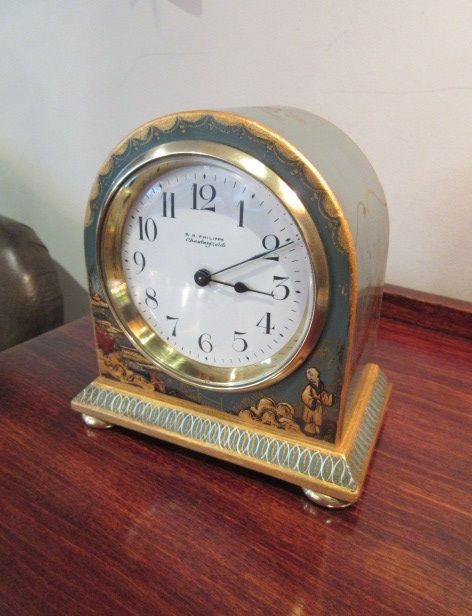 Small Edwardian Antique Green Chinioserie Mantel Clock