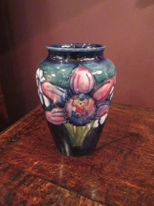 Moorcroft Slipper Orchid on Blue Vase