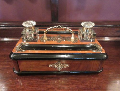 Mid Victorian Antique Walnut & Ebony Inkstand
