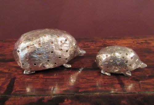 Pair of Antique Silver Hedgehog & Hoglet Pin Cushions