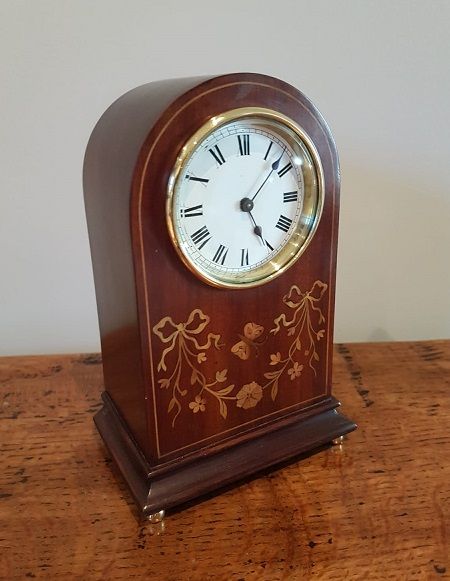 Small Edwardian Antique Fruitwood Inlaid Mantel Clock