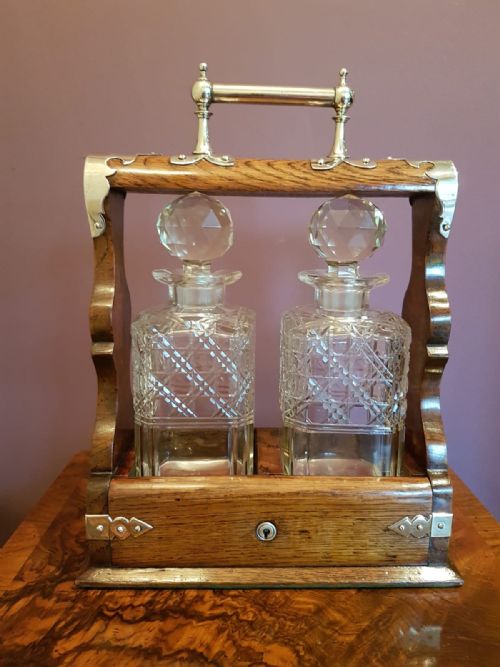 Top Quality Victorian Solid Oak Nickle Trimmed Two Bottle Tantalus