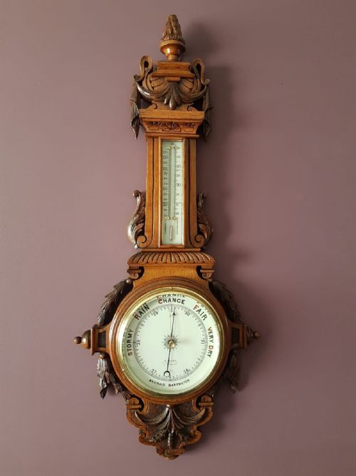 Top Quality Victorian Carved Oak Android Banjo Barometer