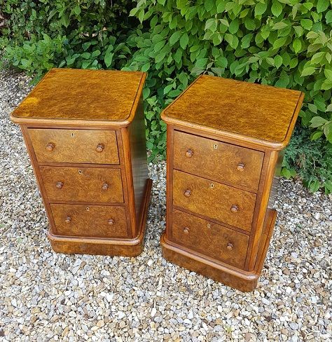 Matching Pair of Antique Burr Walnut Bedside Chests