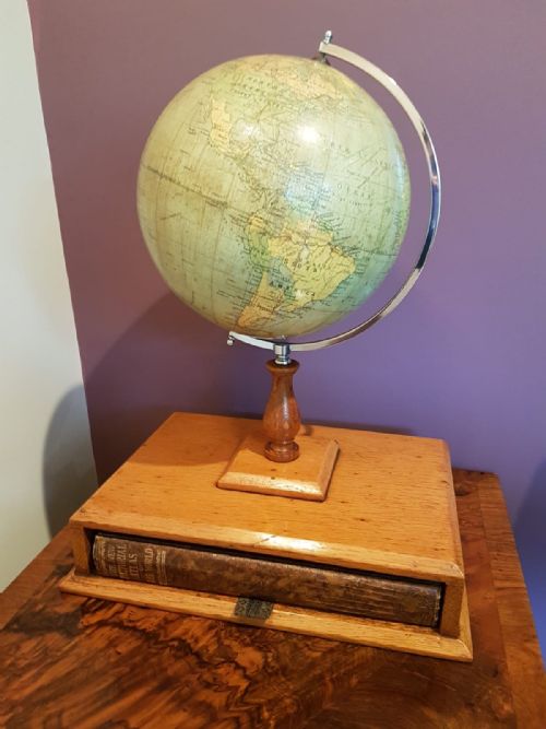 1930'S Philips Desktop British Empire Globe and Atlas on Oak Stand