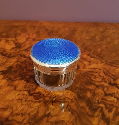 Antique Silver & Royal Blue Enamel Dressing Table Jar