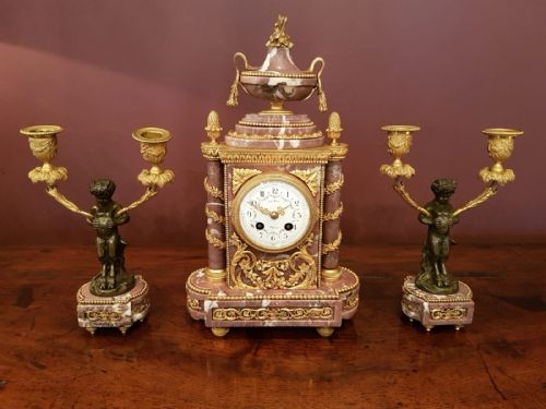 Victorian French Marble Ormalu and Bronze Clock Garniture