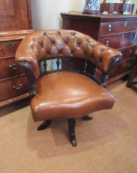 Antique Leather Buttoned Captain's Desk Armchair