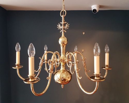 Antique Polished Brass Six Arm Chandelier