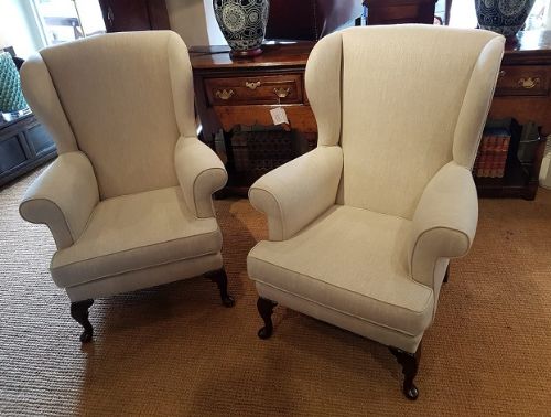Pair of Stylish Antique Upholstered Wing Back Armchairs