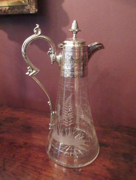 Fine Antique Silvered & Etched Claret Jug