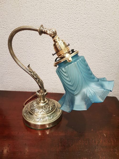 Antique Edwardian Cast Brass Table Lamp and Shade