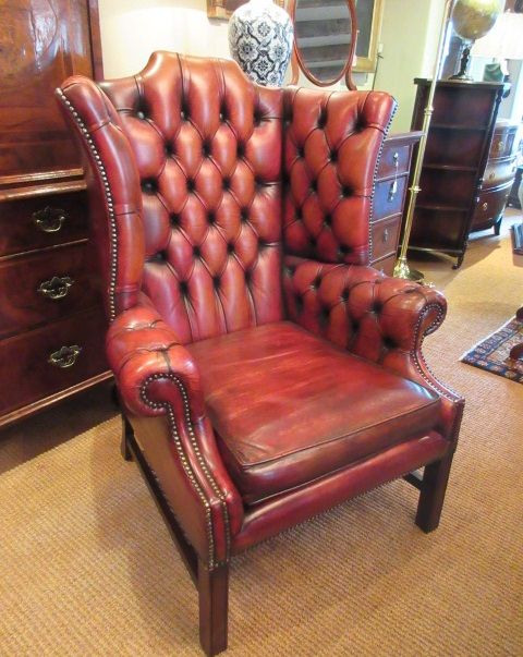 Original Antique Leather Buttoned Wing Armchair