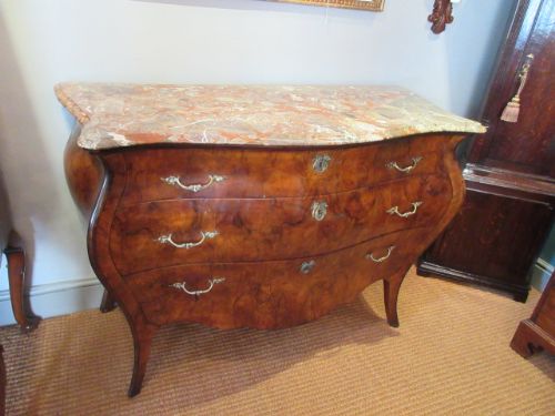 Superb Antique Walnut Inlaid Bombe Fronted Chest