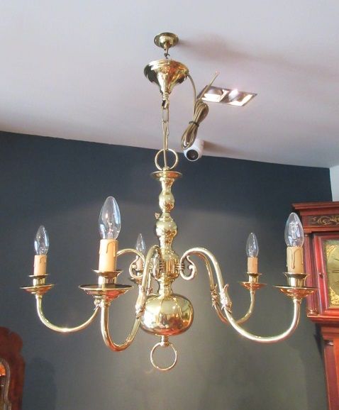 Antique Polished Brass Five Arm Chandelier