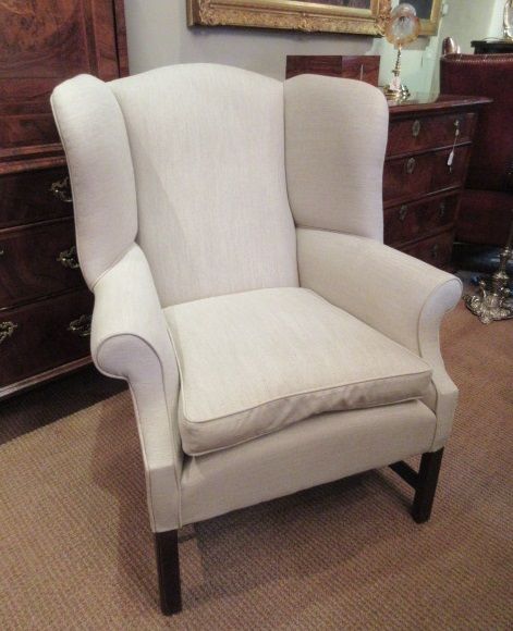 George III Antique Linen Upholstered Wing Armchair