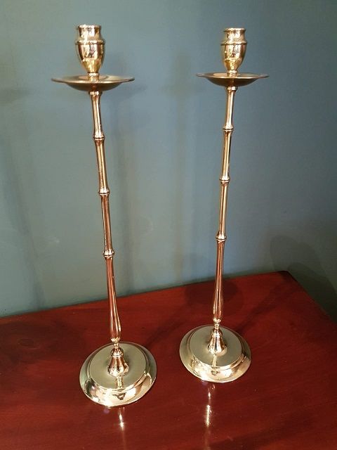 Pair of Antique Tall Cast Brass Candlesticks