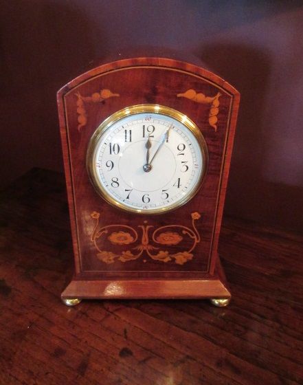 Antique Art Nouveau Fruit Wood Inlaid Mantel Clock