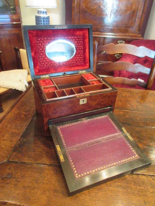 Antique Amboyna Jewellery & Writing Box