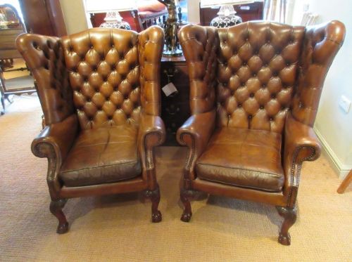 Superb Pair of Antique Leather Buttoned Wing Armchairs