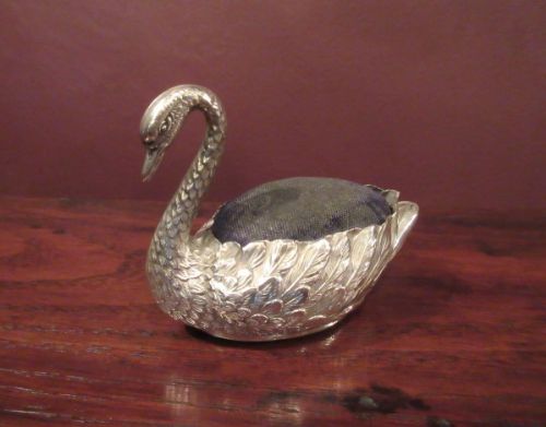 Large Edwardian Antique Silver 'Swan' Pin Cushion