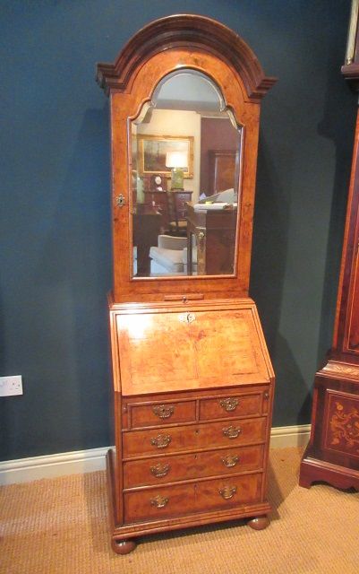 Small Antique Burr Walnut Bureau Bookcase